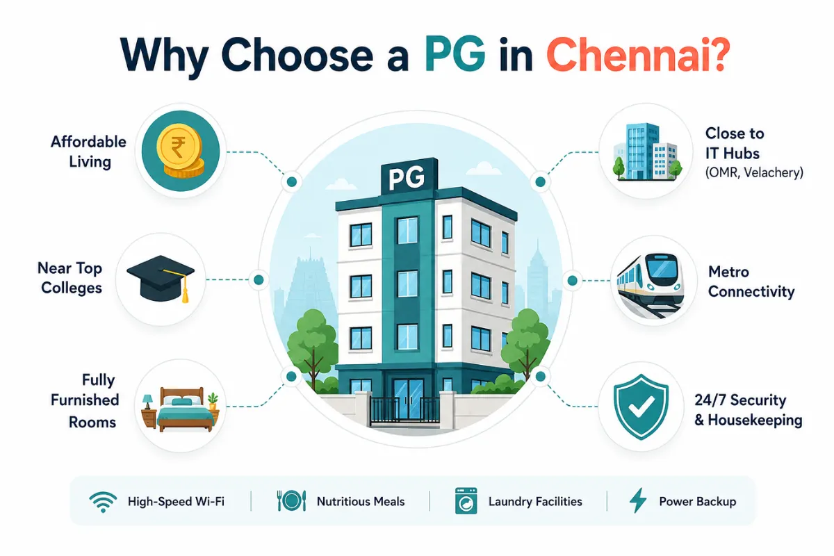 PG for rent in Chennai infographic highlighting affordability, IT hubs, colleges, metro access, furnished rooms, and security.
