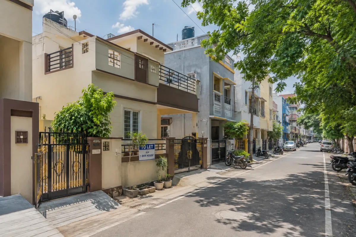 Residential Ayanavaram street with homes and rental properties for a 1 BHK house for rent in Ayanavaram.