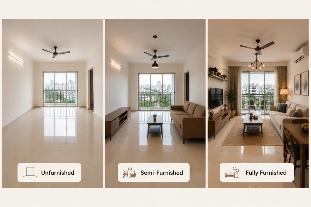 Comparison of unfurnished, semi-furnished and fully furnished options for a 2 BHK Flat for Rent in Chennai.