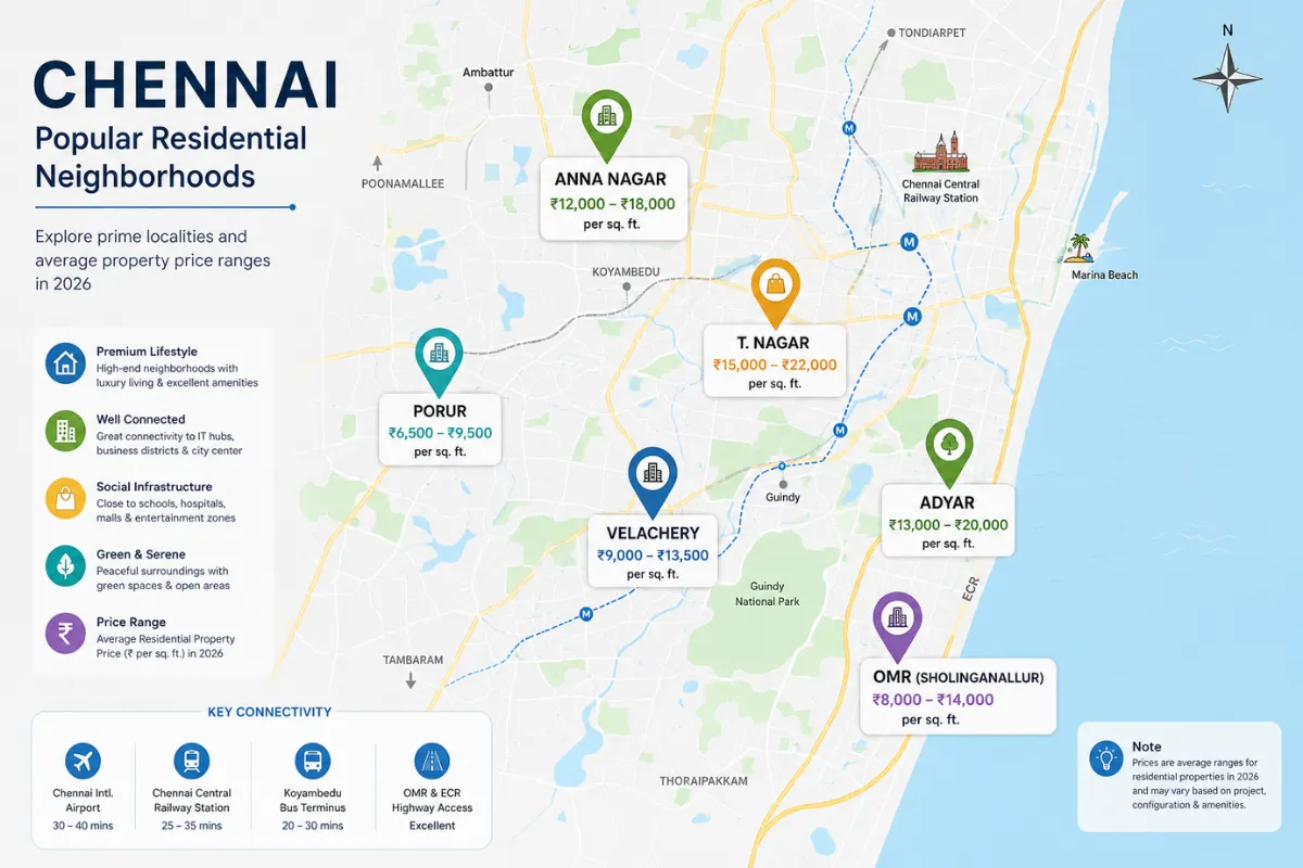 Chennai residential map showing popular areas and price ranges for finding a 2 BHK Flat for Rent in Chennai.