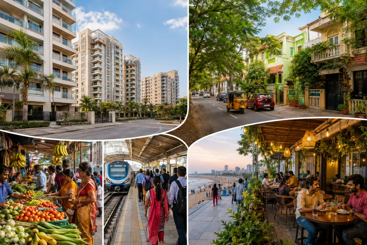Chennai neighborhood collage showing apartments, streets, markets, commuting and coastal life near rental flats.