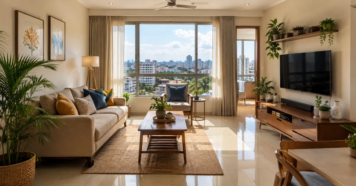 Modern living room in a 2 BHK flat for rent in Chennai with natural light, stylish furniture, plants and city views.