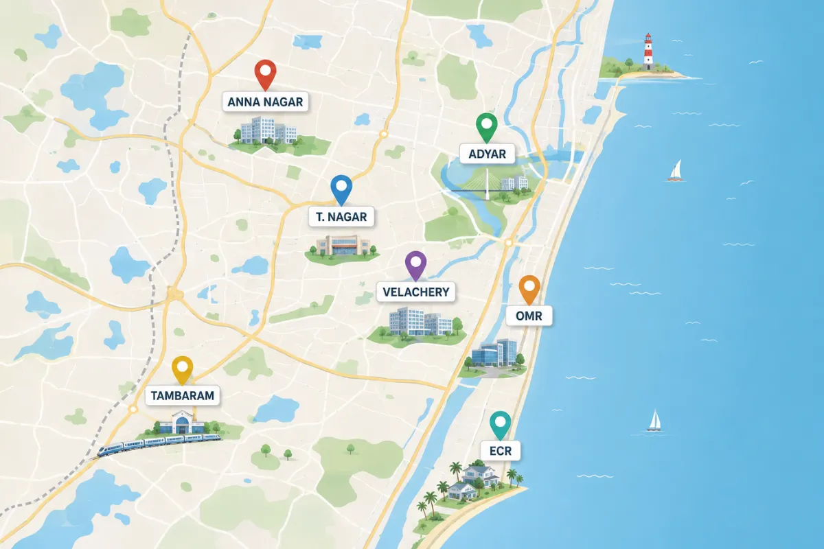 Best area in Chennai map highlighting Adyar, Anna Nagar, T Nagar, Velachery, OMR, Tambaram and ECR residential areas.