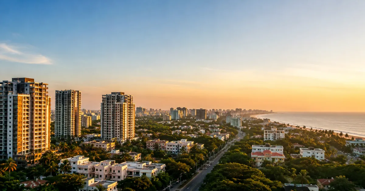Best area in Chennai featuring modern apartments, green residential neighbourhoods and a scenic coastal city skyline