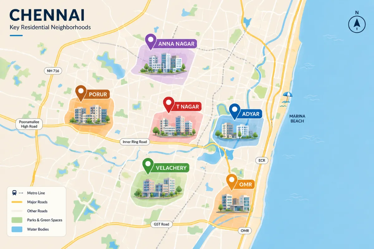 Map of key Chennai residential areas including Anna Nagar, Porur, T Nagar, Adyar, Velachery, and OMR for rental searches.