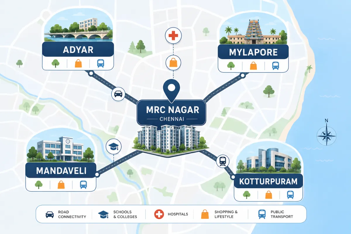 MRC Nagar Chennai connectivity map showing nearby Adyar, Mylapore, Mandaveli and Kotturpuram.