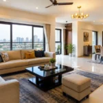 Spacious living room interior of a modern 3 BHK Flat for Rent in Chennai with large windows, dining area and city views.