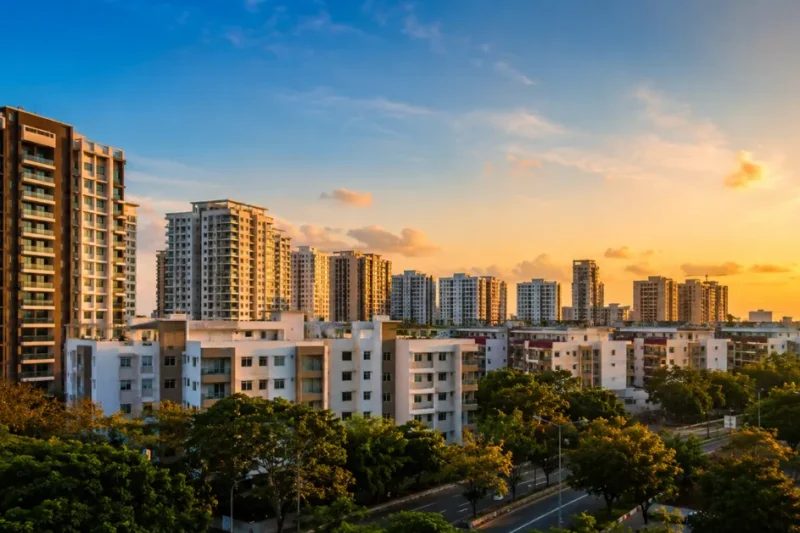Best places to live in Chennai with modern apartments, green spaces, roads, and a vibrant urban skyline at sunset