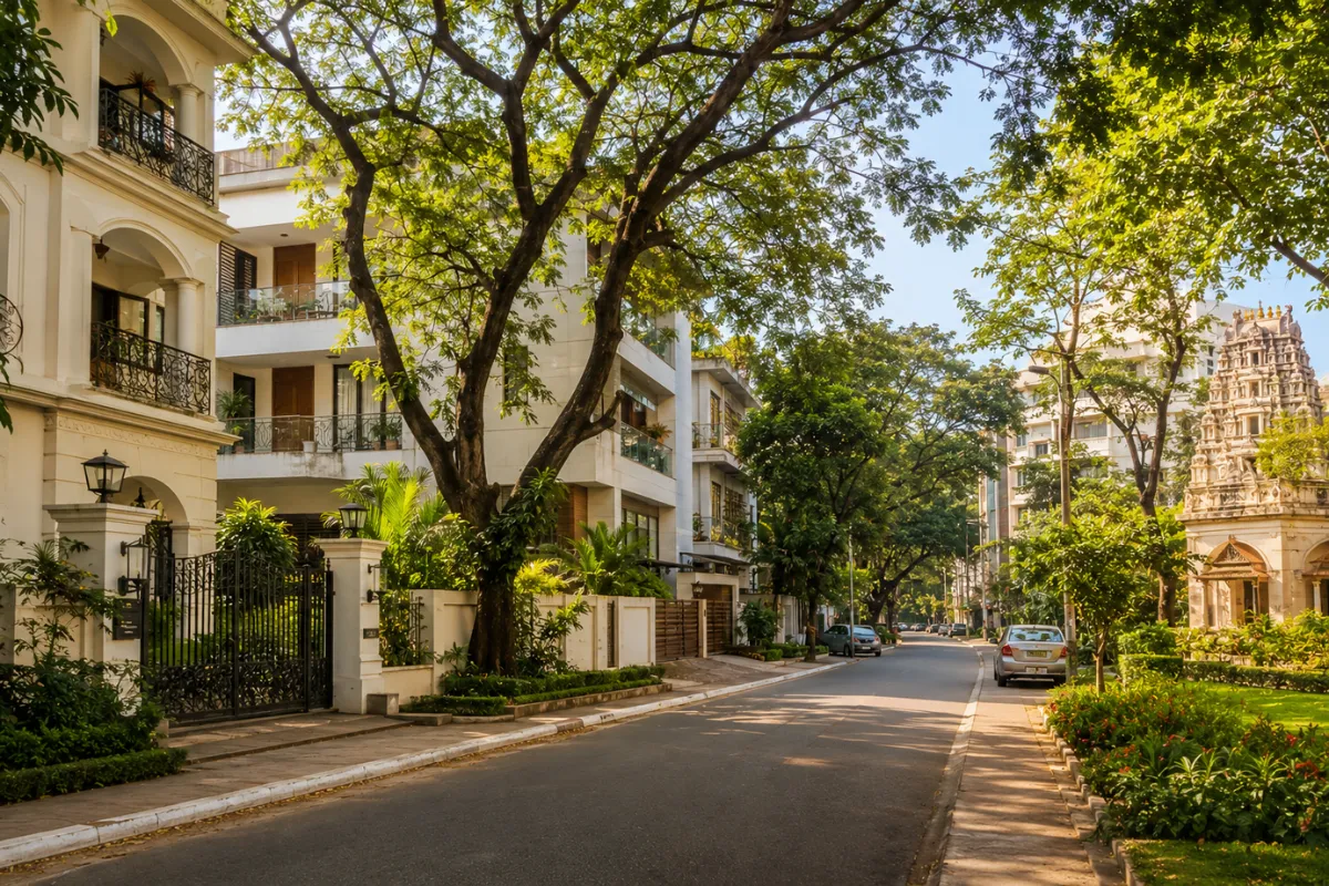 Tree-lined residential street in Anna Nagar with luxury homes, landscaped roads and a peaceful environment for families.