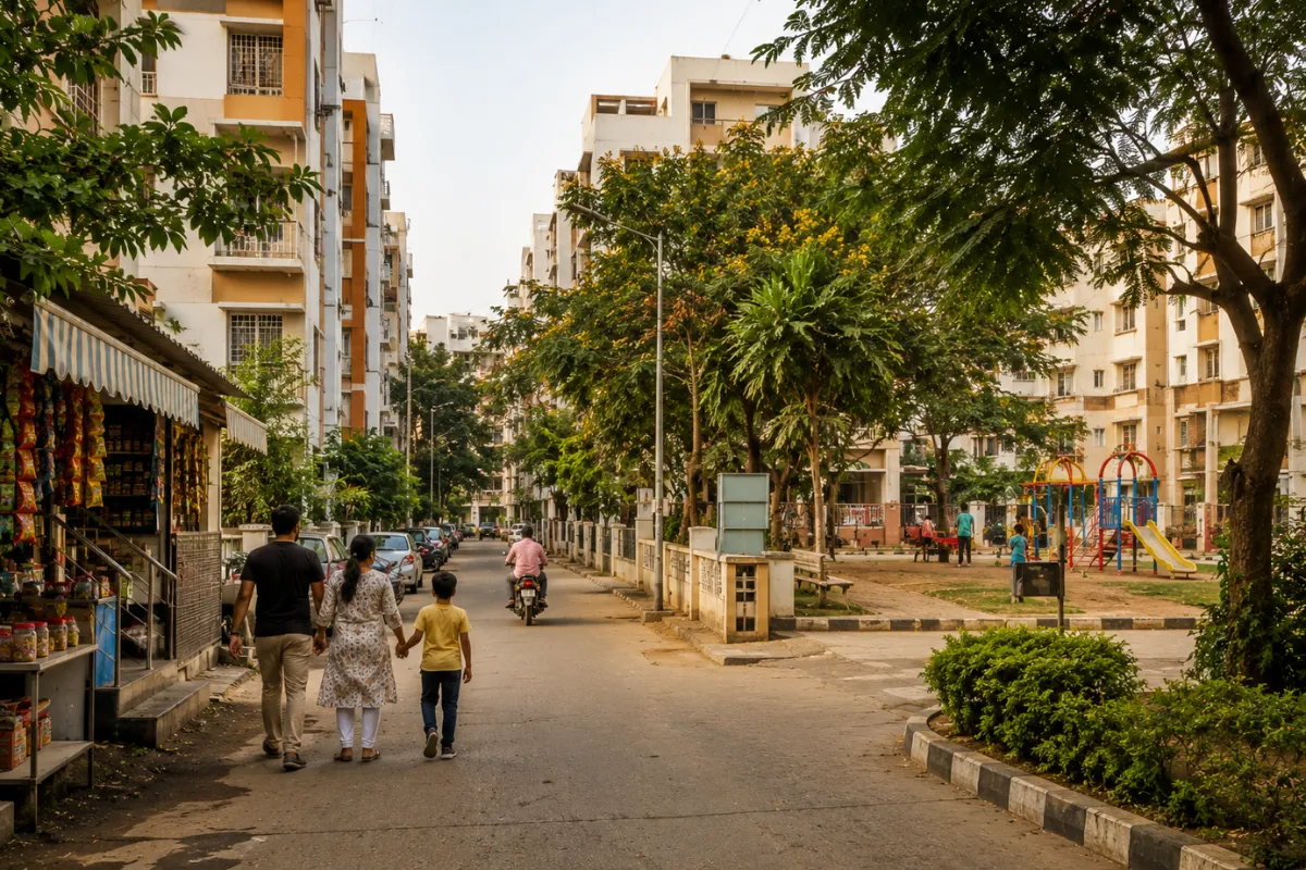 Family walking through a peaceful Chennai residential neighborhood with apartments, parks, trees and everyday community life.