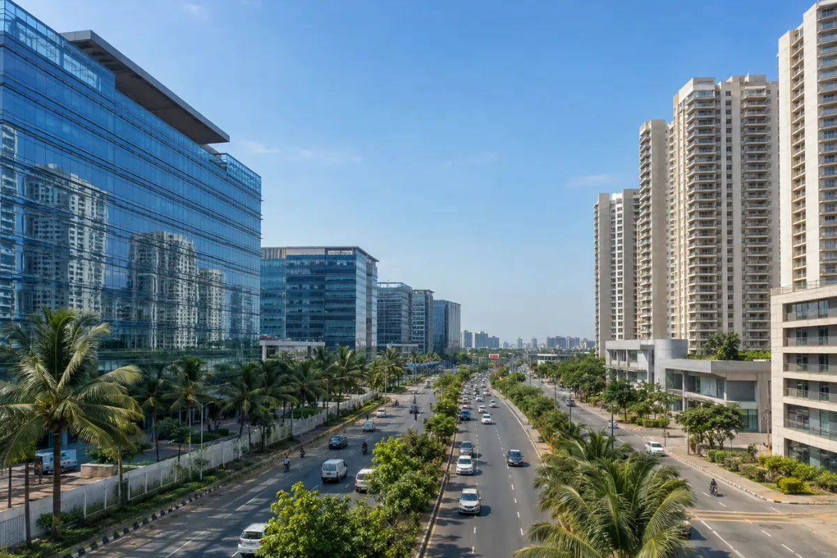 Modern skyline of OMR featuring IT parks, high-rise apartments and wide roads in one of Chennai's fastest-growing areas.