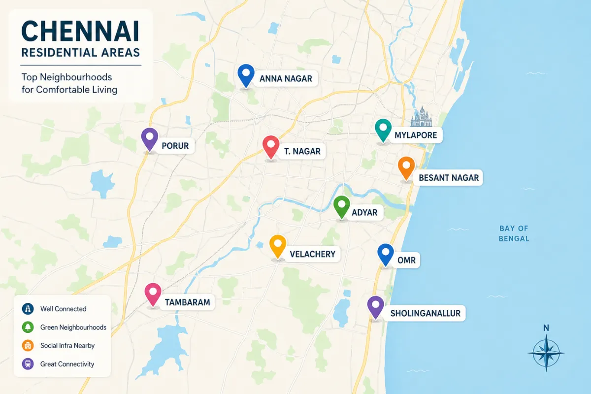 Map showing the best places to live in Chennai including Anna Nagar, Adyar, Velachery, OMR, Porur and Tambaram.