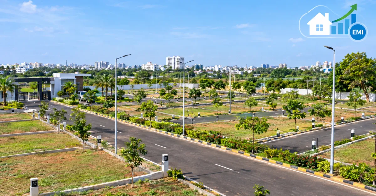 EMI Plots in Chennai with a modern residential layout, paved roads, streetlights, greenery and marked plots