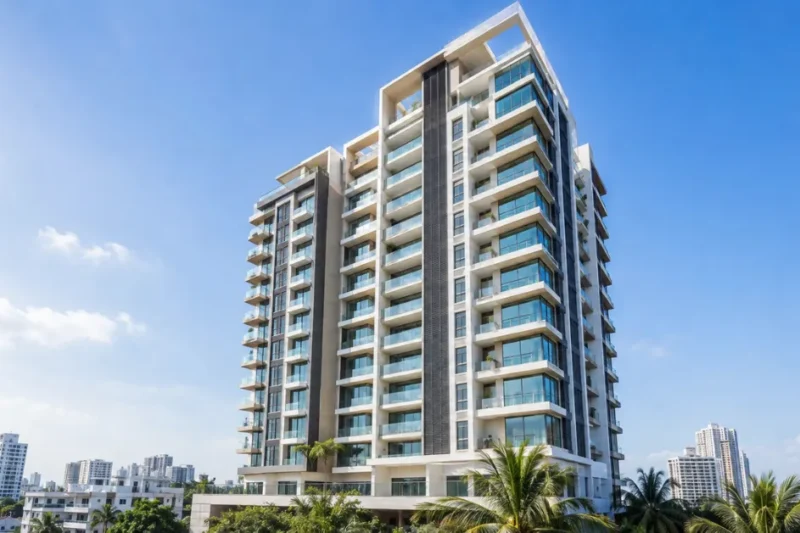 Modern high-rise apartment building showing flats for sale in Chennai, with spacious balconies, glass windows and city views
