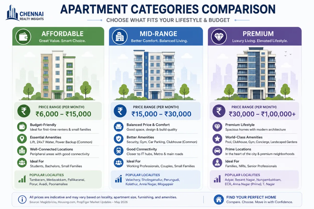 Apartment comparison showing affordable, mid-range and premium options for buyers seeking flats for sale in Chennai.