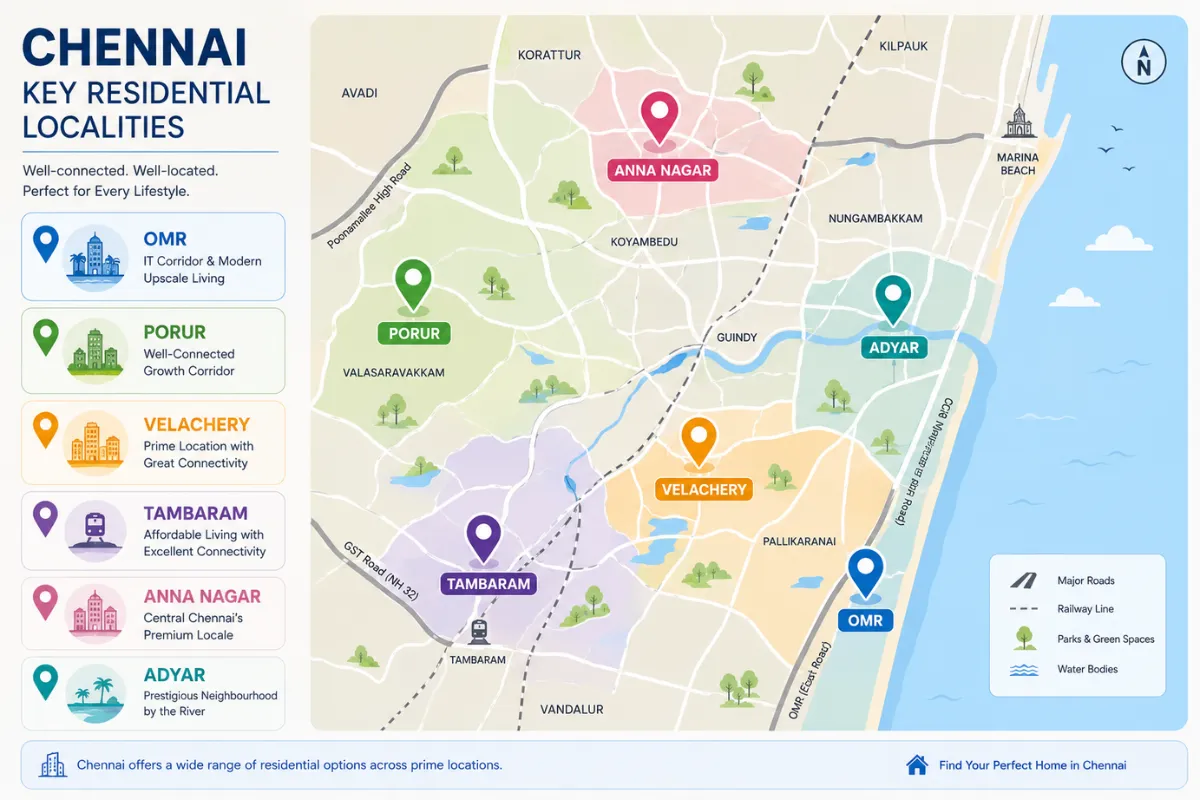Chennai residential locality map highlighting key areas such as OMR, Porur, Velachery, Tambaram, Anna Nagar and Adyar.