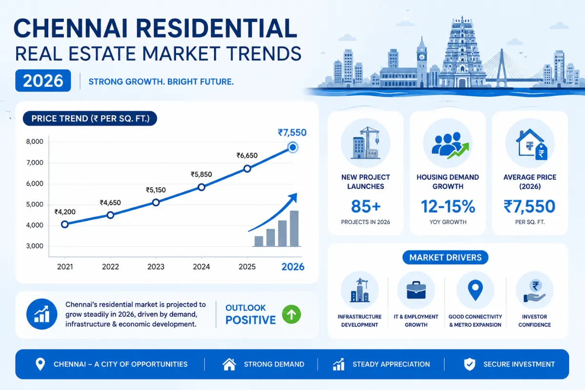 2026 Chennai real estate market trends infographic showing price growth, housing demand, project launches and market drivers.