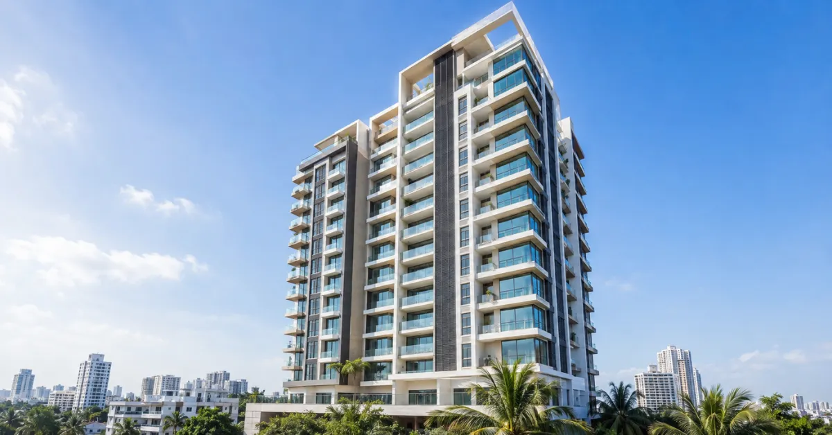 Modern high-rise apartment building showing flats for sale in Chennai, with spacious balconies, glass windows and city views