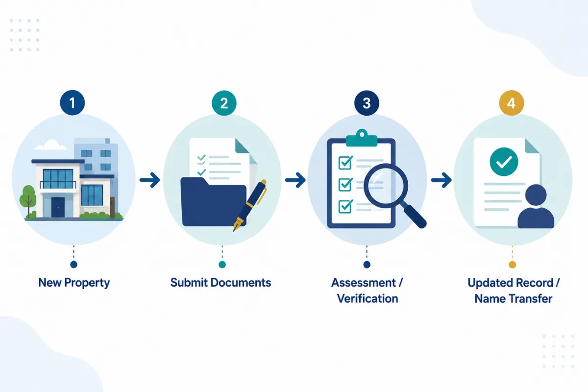 Property Tax in Chennai name transfer process showing document submission, assessment, verification and updated records.