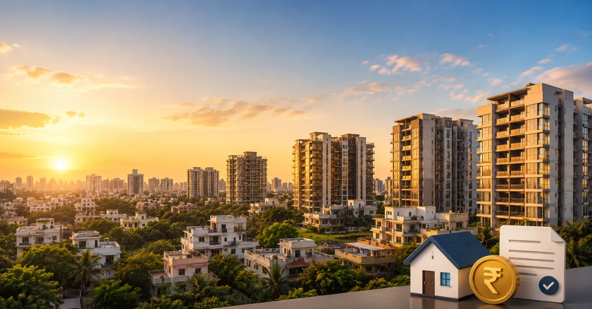Property Tax in Chennai explained with a modern cityscape, residential apartments, a house, rupee symbol and tax document.