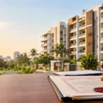 Property registration charges in Chennai represented by stamped documents, calculator, seal, and a modern apartment building
