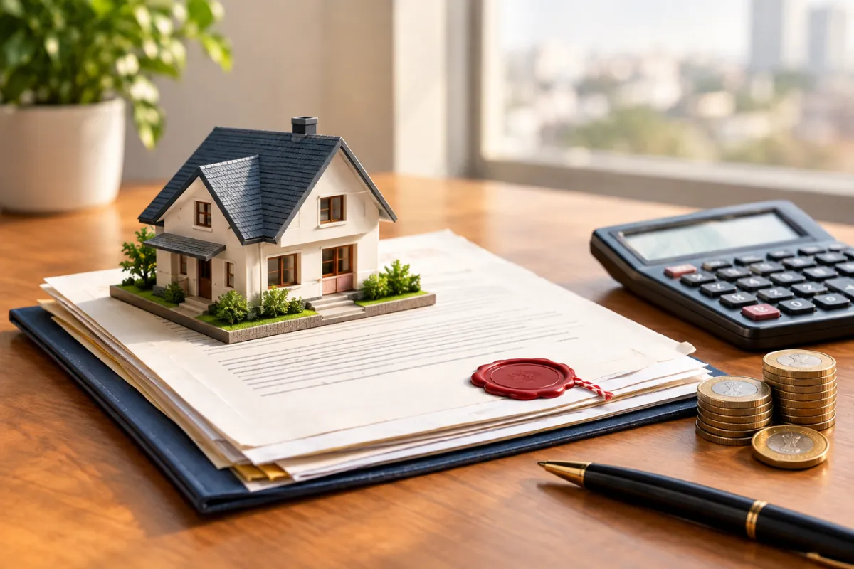 Property registration scene with a house model, legal documents, calculator and coins showing registration charges in Chennai