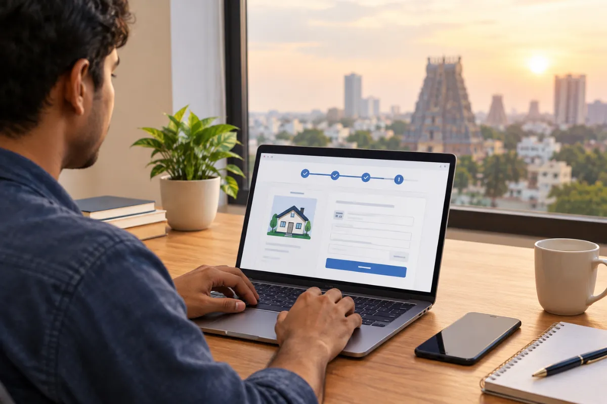 Homebuyer using a laptop for property registration with a Chennai city view, representing registration charges in Chennai
