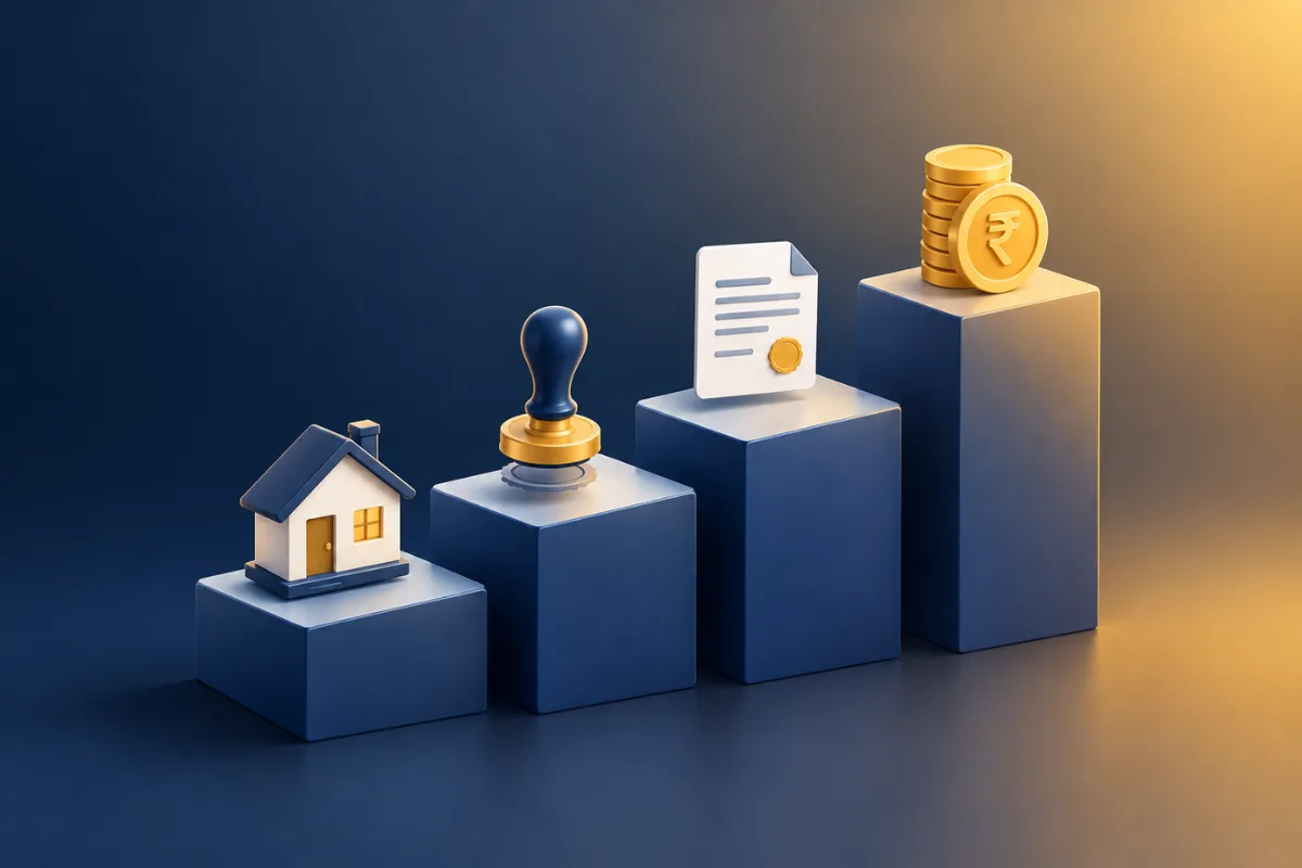 3D property illustration showing a home, stamp, document and rupee coins representing registration charges in Chennai