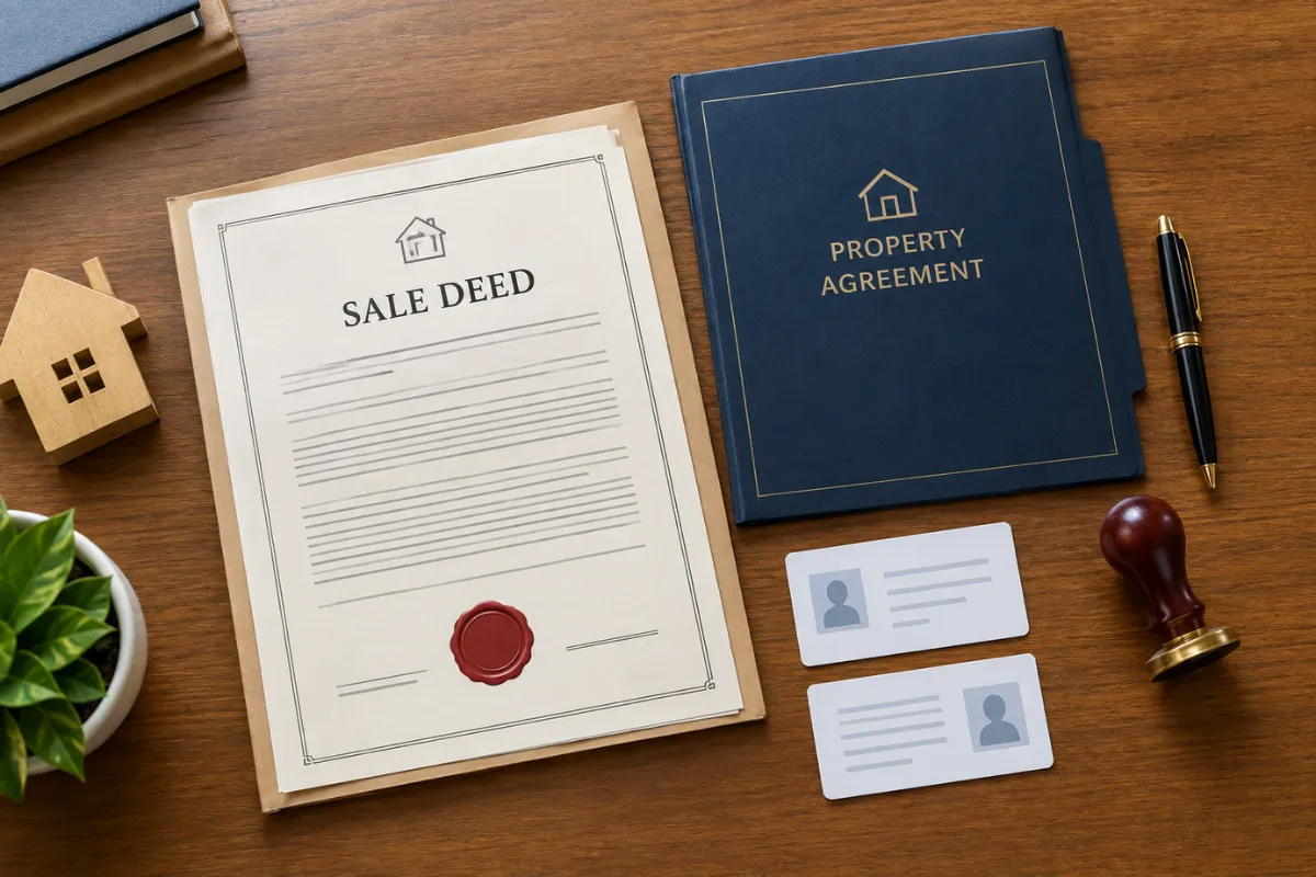 Property sale deed and agreement documents with ID cards and stamp representing registration charges in Chennai