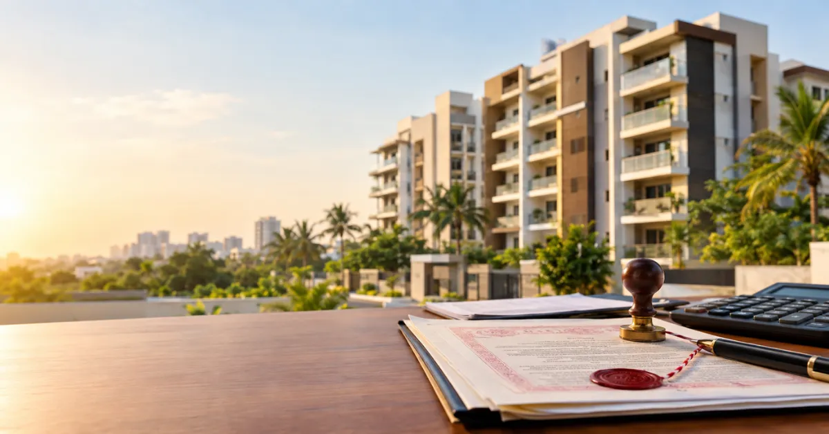 Property registration charges in Chennai represented by stamped documents, calculator, seal, and a modern apartment building