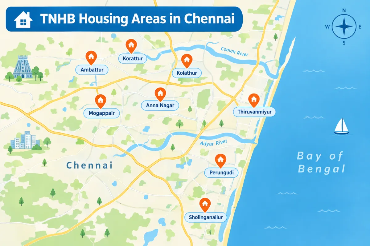 Map of TNHB House for Sale in Chennai areas including Ambattur, Korattur, Kolathur, Anna Nagar, Thiruvanmiyur and Perungudi.