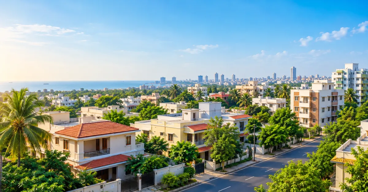 TNHB house for sale in Chennai showing a peaceful residential neighborhood with homes, greenery, roads and skyline.